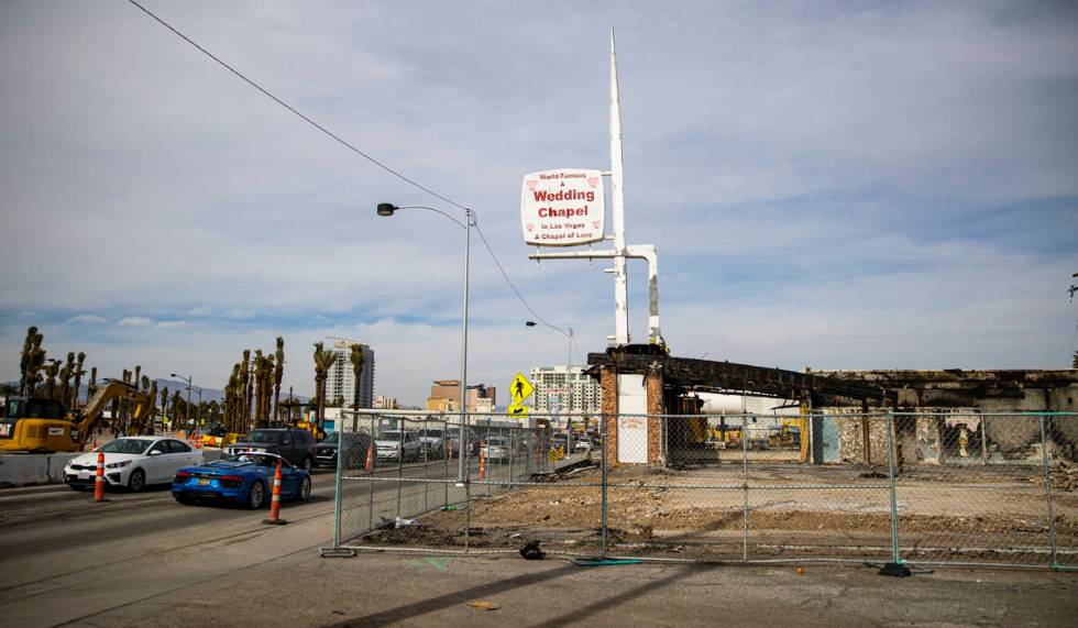 A former wedding chapel, once a Bob's Big Boy, that burned down in January is pictured in downt ...
