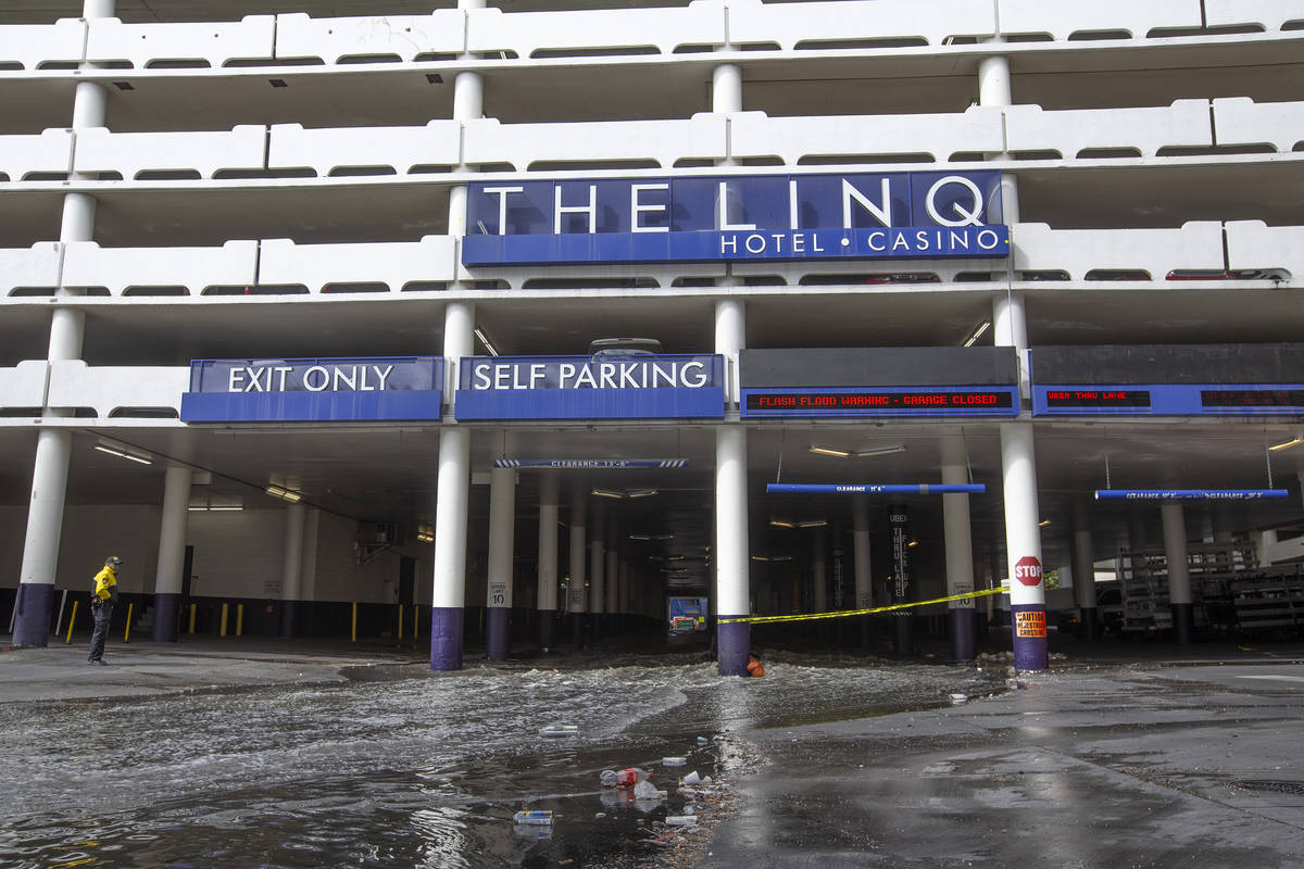 The LINQ parking garage is flooded on Friday, March 12, 2021, in Las Vegas. (Ellen Schmidt/Las ...