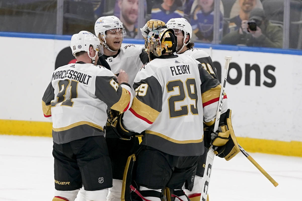 Vegas Golden Knights Jonathan Marchessault (81), William Karlsson, second from left, goaltender ...