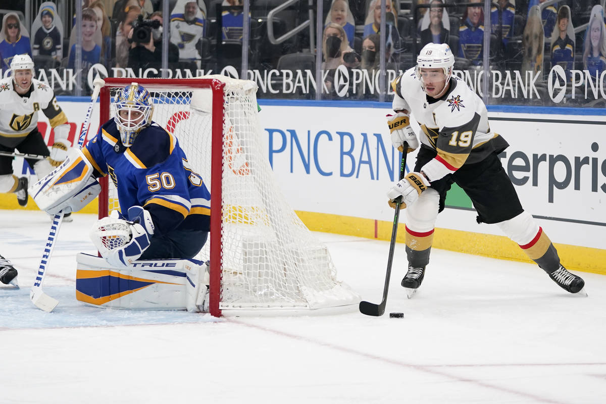 Vegas Golden Knights' Reilly Smith (19) handles the puck as St. Louis Blues goaltender Jordan B ...