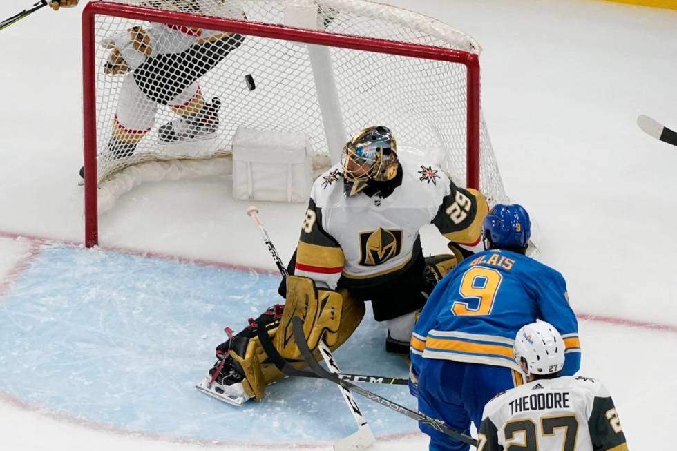 St. Louis Blues' Sammy Blais (9) scores past Vegas Golden Knights goaltender Marc-Andre Fleury ...