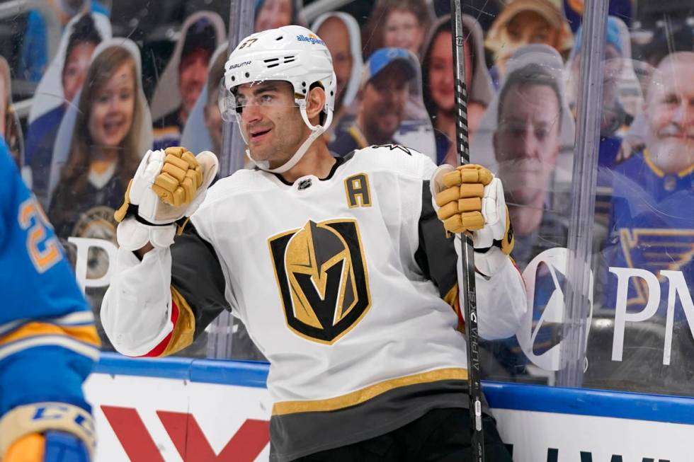 Vegas Golden Knights' Max Pacioretty celebrates after scoring during the third period of an NHL ...