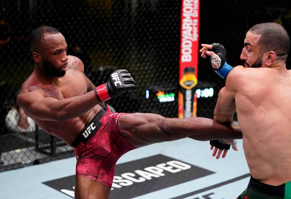 Leon Edwards of Jamaica kicks Bulal Muhammad in a welterweight fight during the UFC Fight Night ...