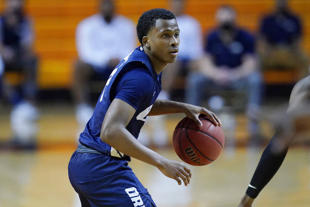 Oral Roberts guard Max Abmas during an NCAA college basketball game against Oklahoma State Tues ...