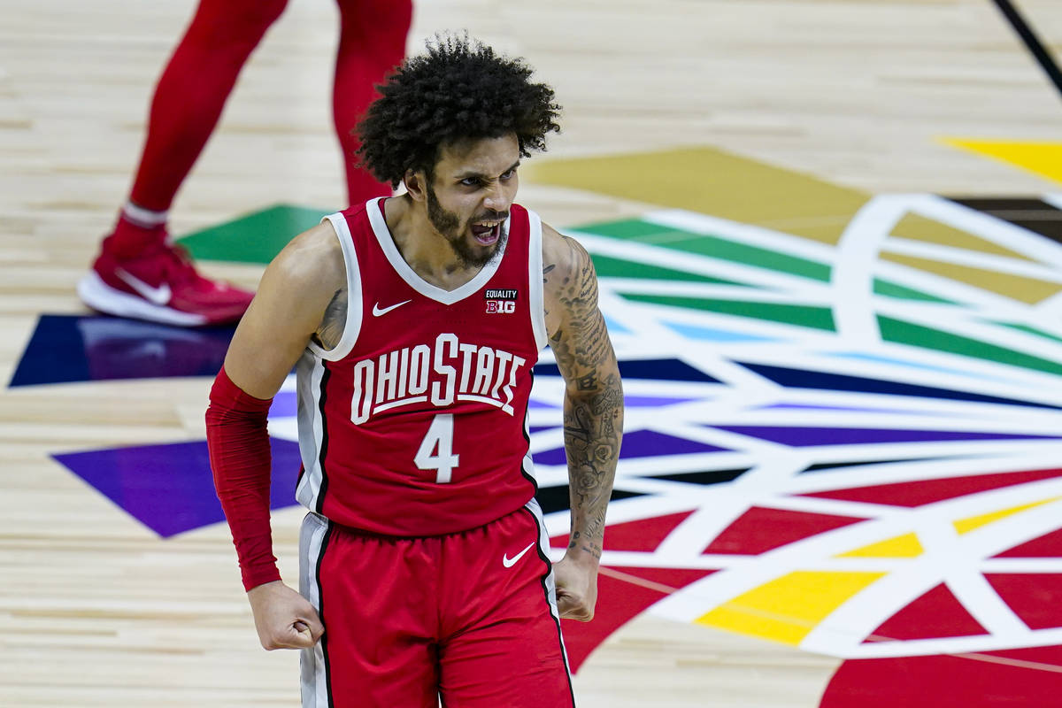 Ohio State guard Duane Washington Jr. (4) celebrates as against Ohio State takes the lead over ...