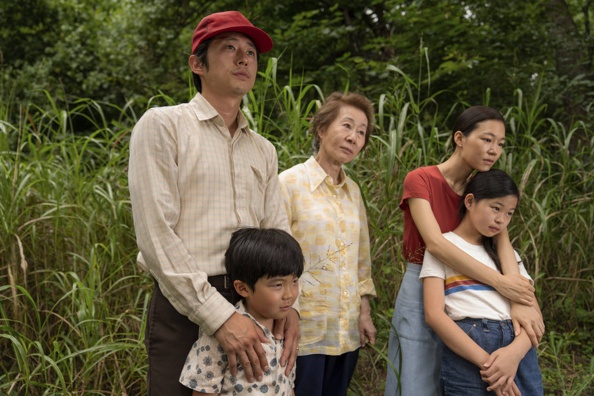 This image released by A24 shows, from left, Steven Yeun, Alan S. Kim, Yuh-Jung Youn, Yeri Han, ...