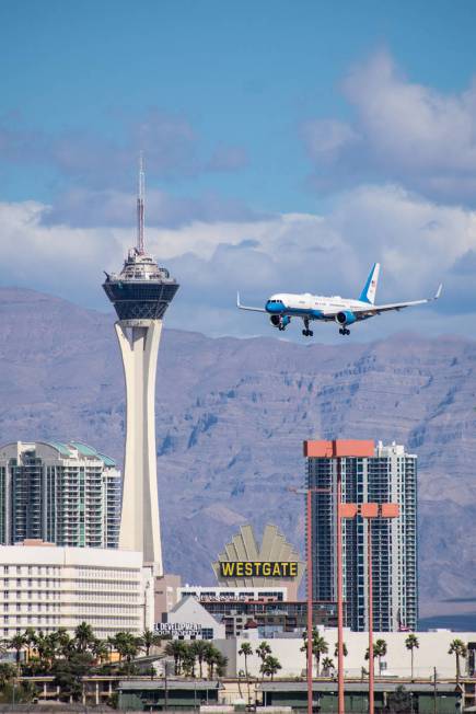 Air Force Two, carrying Vice President Kamala Harris, prepares to land at McCarran Internationa ...