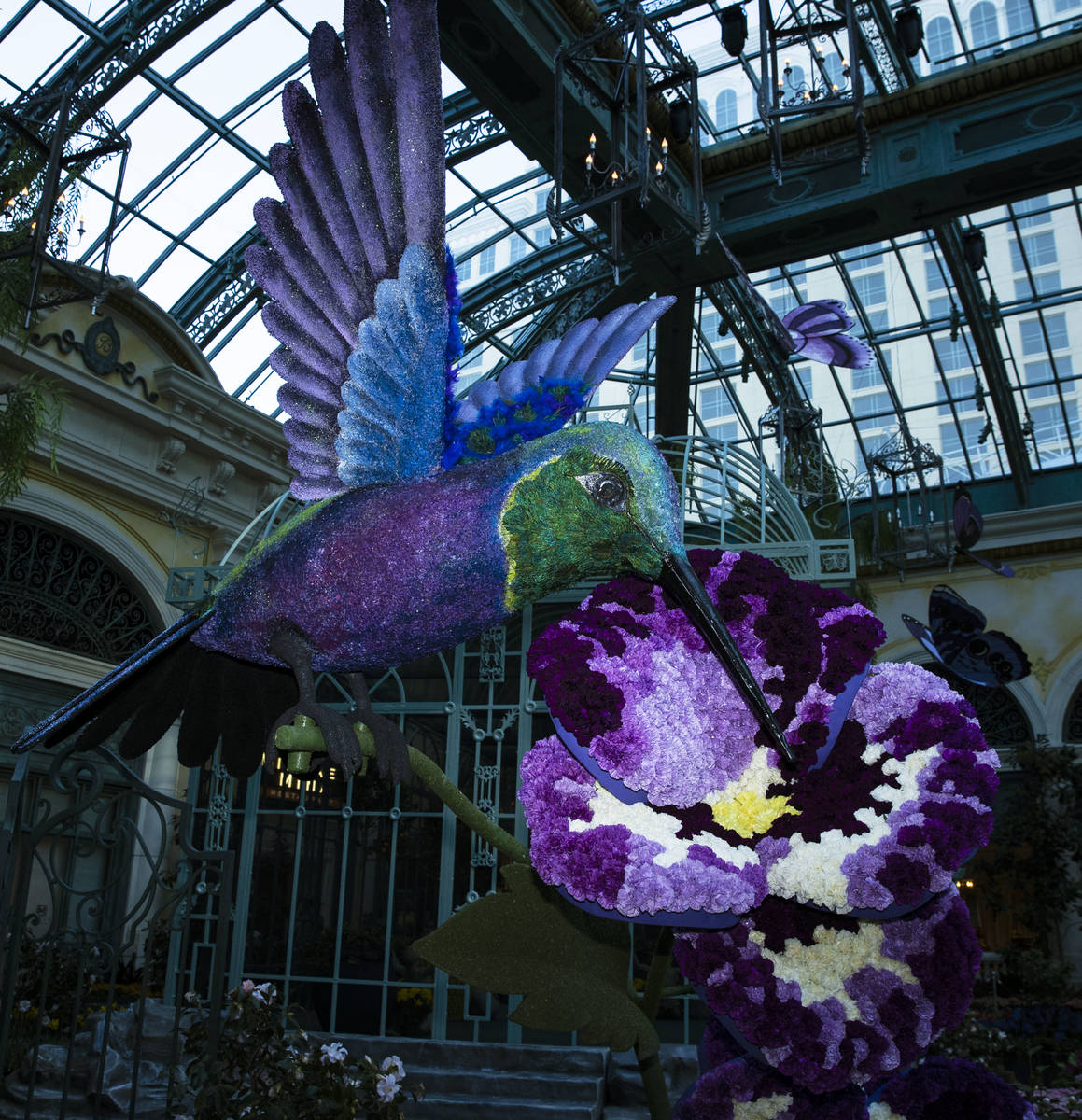 A giant hummingbird is displayed at the Chelsea Garden at the Bellagio Conservatory, honoring t ...