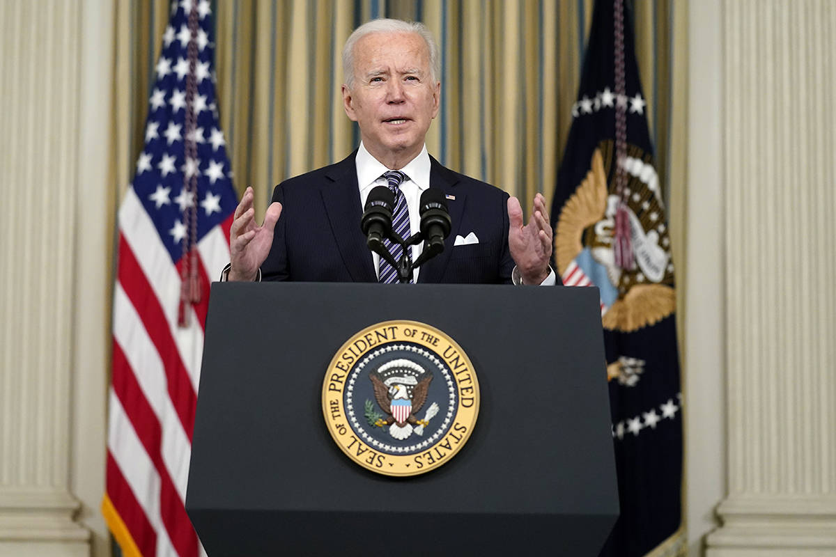 President Joe Biden speaks about the COVID-19 relief package in the State Dining Room of the Wh ...