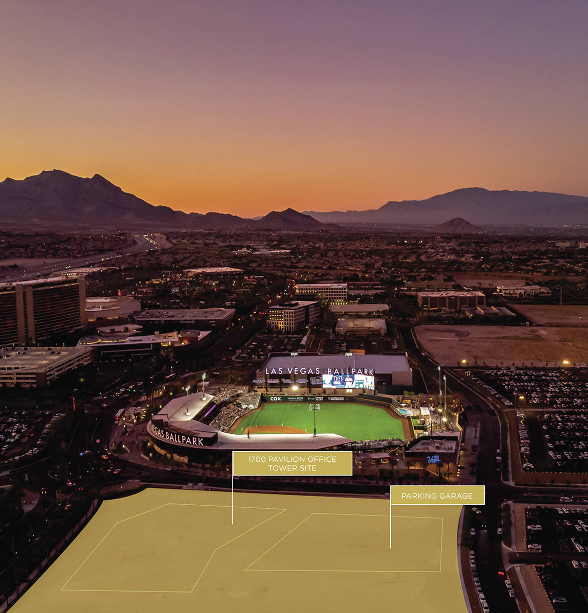 An aerial view of Las Vegas Ballpark shows where new projects will be built, including 1700 Pav ...