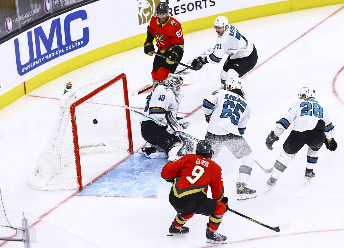 Golden Knights' Mark Stone, not pictured, scores against San Jose Sharks' goaltender Devan Dubn ...