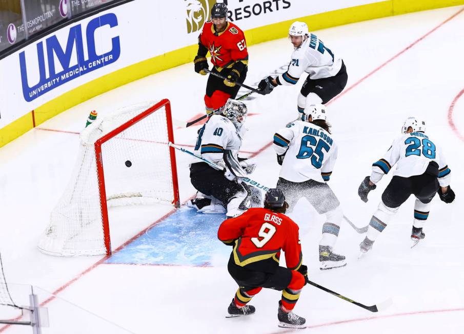 Golden Knights' Mark Stone, not pictured, scores against San Jose Sharks' goaltender Devan Dubn ...