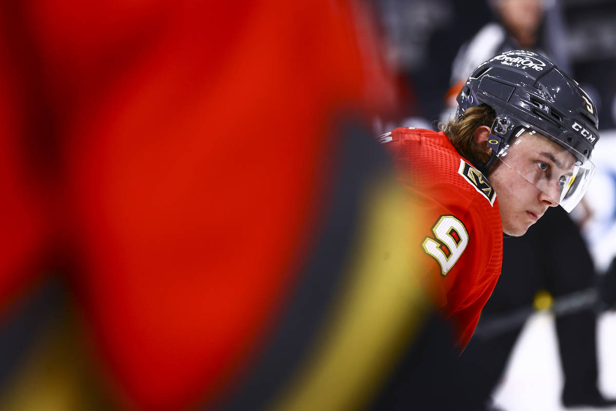 Golden Knights' Cody Glass (9) looks on before a face off against the San Jose Sharks during th ...