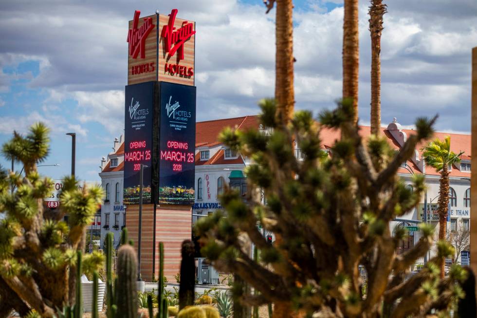Exterior signage for the reimagined and re-conceptualized casino resort Virgin Hotels Las Vegas ...