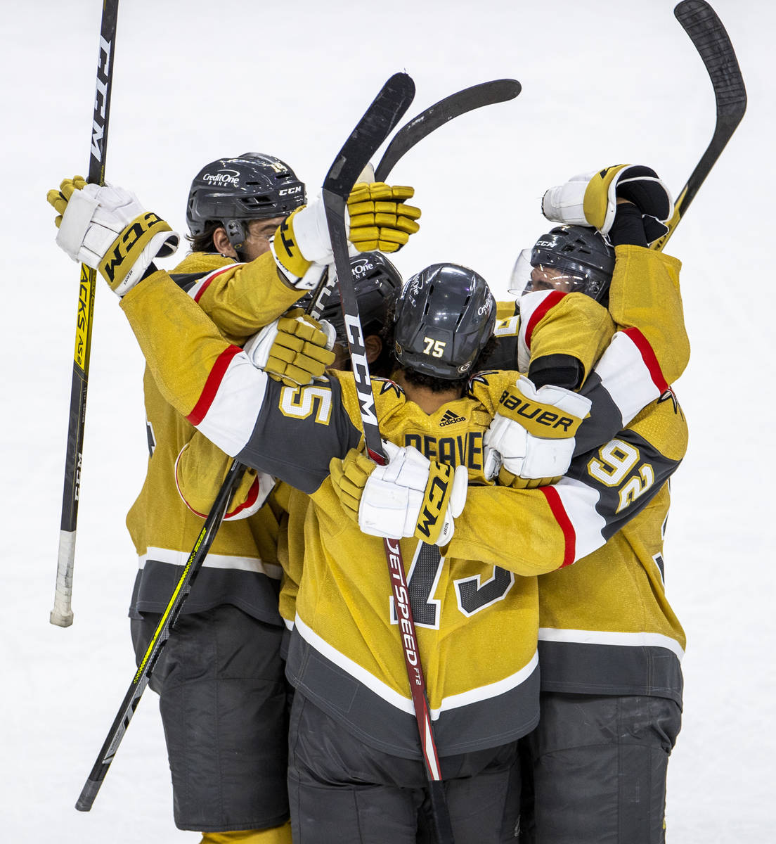 Golden Knights right wing Ryan Reaves (75) celebrates a goal with teammates over the San Jose S ...