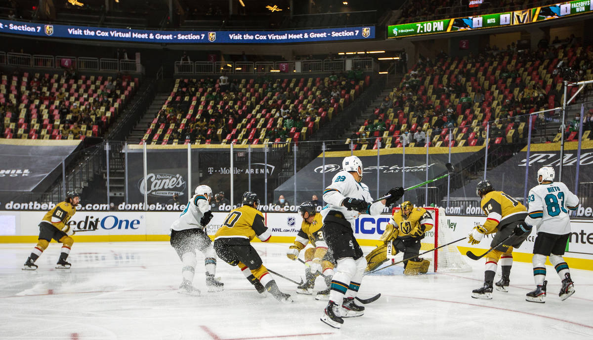 Golden Knights goaltender Marc-Andre Fleury (29) makes another save versus the San Jose Sharks ...