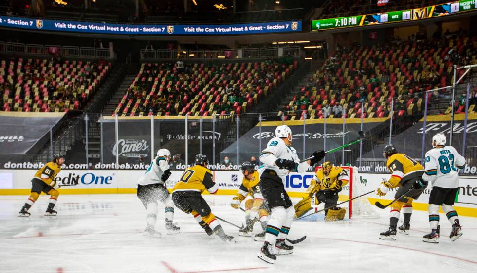 Golden Knights goaltender Marc-Andre Fleury (29) makes another save versus the San Jose Sharks ...