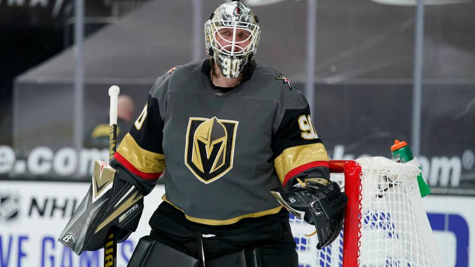 Vegas Golden Knights goaltender Robin Lehner (90) plays against the St. Louis Blues in an NHL h ...