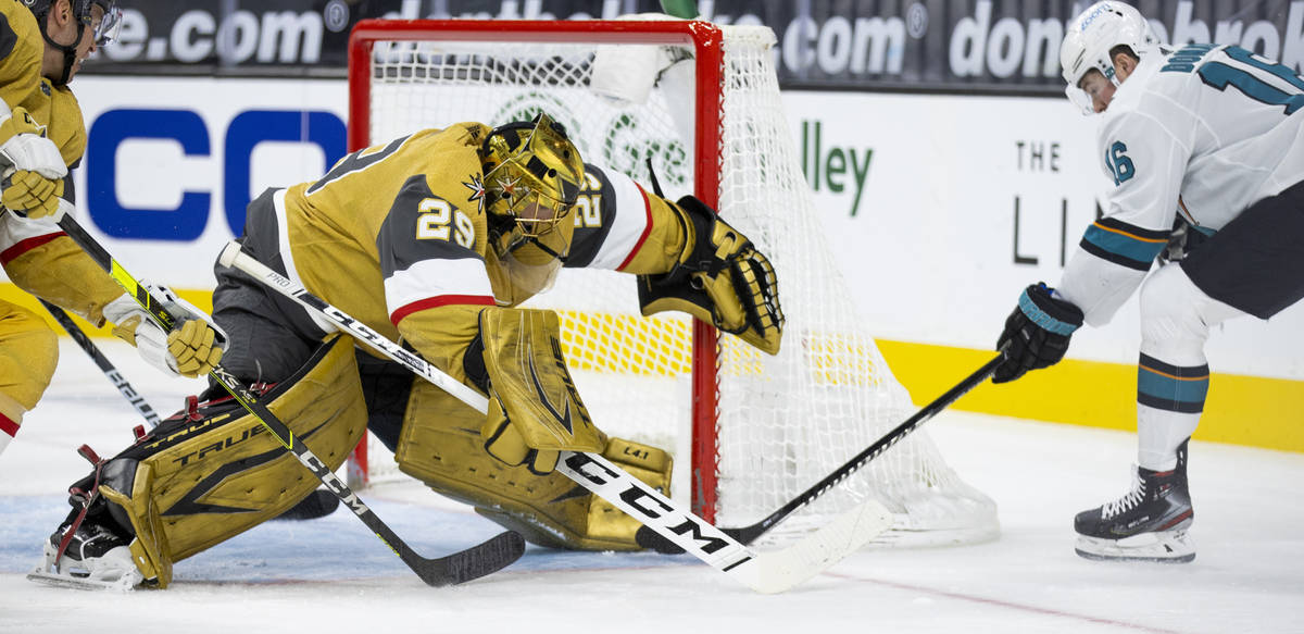 Golden Knights goaltender Marc-Andre Fleury (29) gets a skate on the puck shot on goal by San J ...