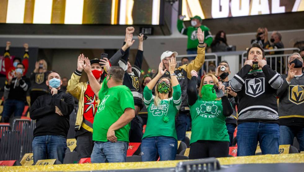 VGK fans celebrate their first goal over the night versus the San Jose Sharks during the first ...