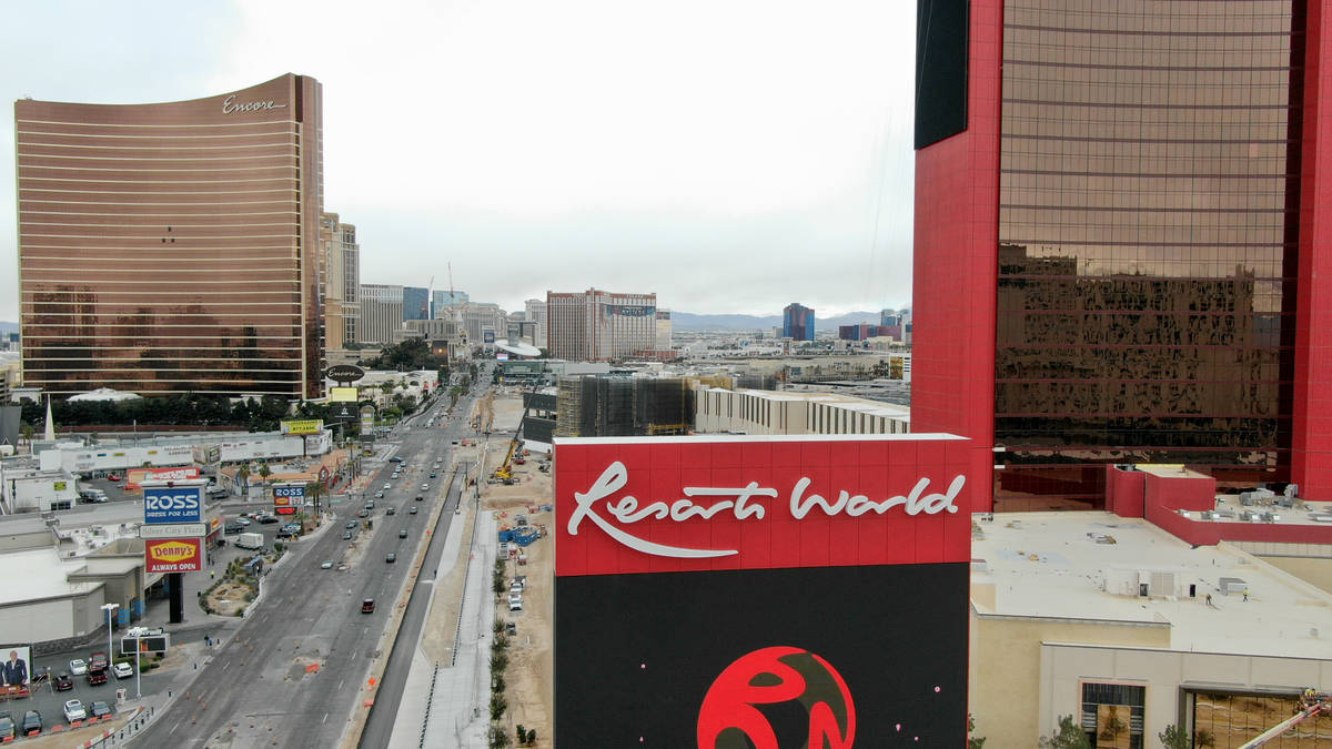 An aerial photo looking down the Las Vegas Strip from Resorts World Las Vegas on Thursday, Marc ...