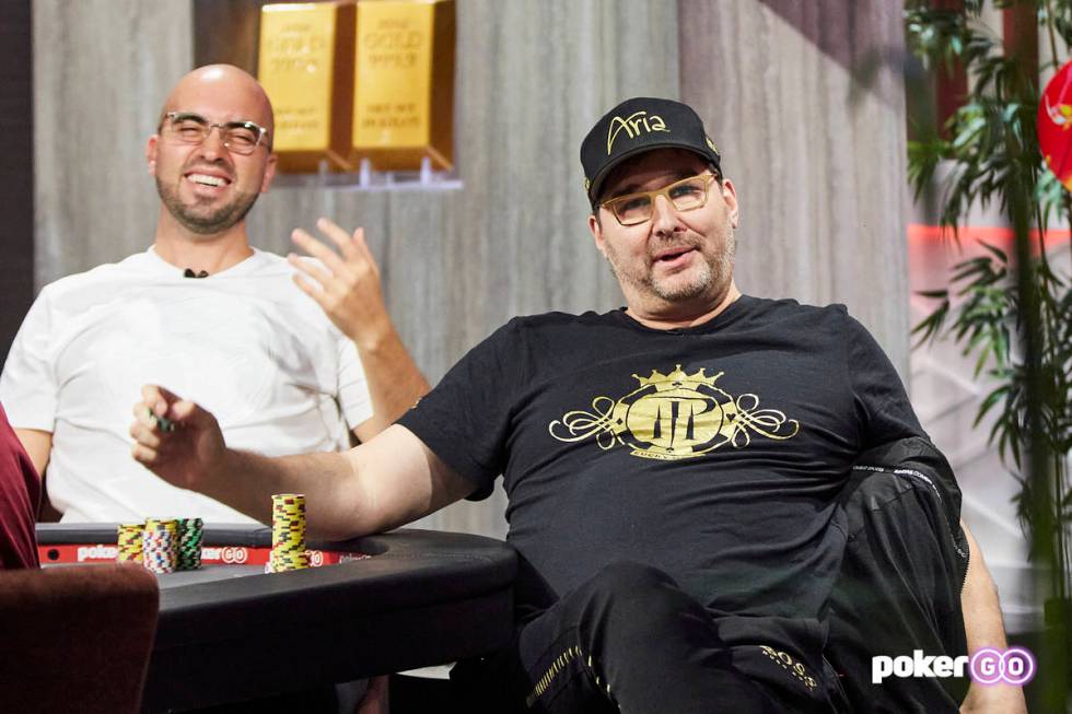 Phil Hellmuth, right, playing poker alongside Bryn Kenney in the PokerGO studio by the Aria. (P ...