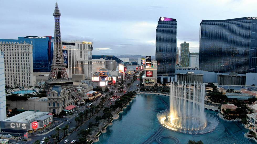 Aerial view of the Las Vegas Strip a year after the pandemic shutdown on Friday, March 12, 2021 ...