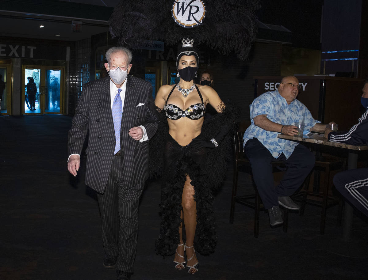 Former Las Vegas Mayor Oscar Goodman arrives at Westgate Superbook with showgirl Jennifer Gagli ...
