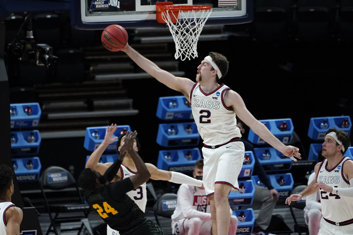 Gonzaga forward Drew Timme (2) blocks a Norfolk State guard Jalen Hawkins (24) shot during the ...