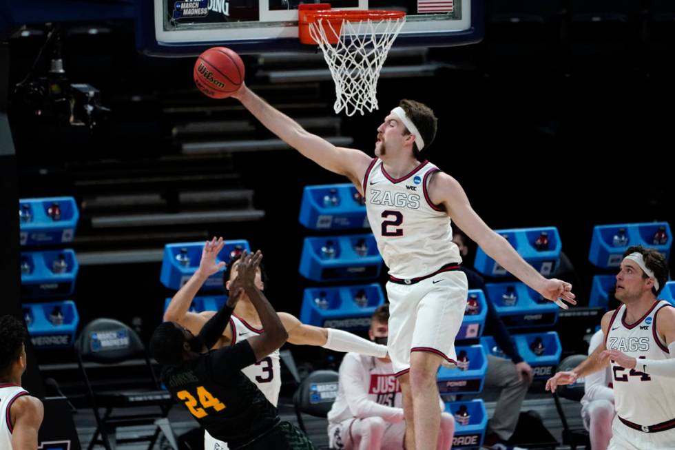 Gonzaga forward Drew Timme (2) blocks a Norfolk State guard Jalen Hawkins (24) shot during the ...