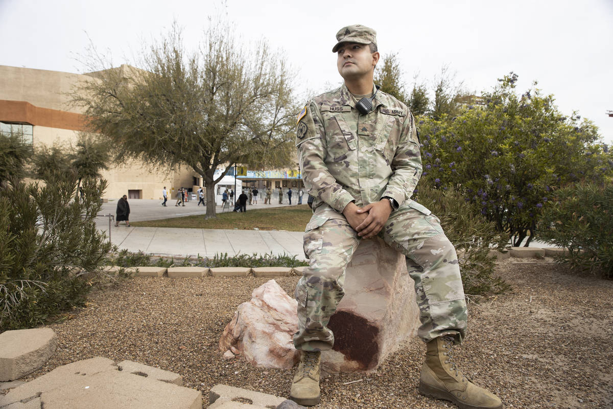 Nevada National Guard Sgt. John Huss at the Cashman Center in Las Vegas, on Thursday, March 18, ...