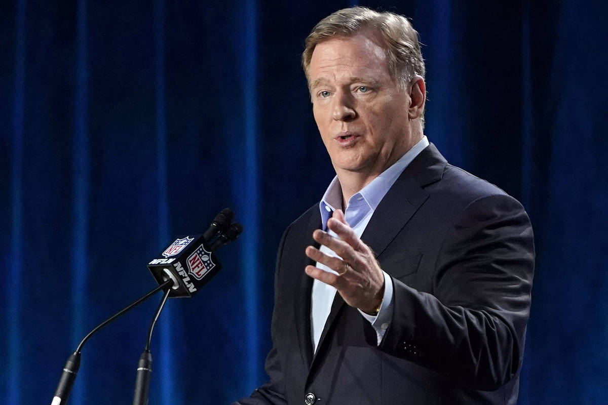 FILE - In this Jan. 29, 2020, file photo, NFL Commissioner Roger Goodell answers a question dur ...