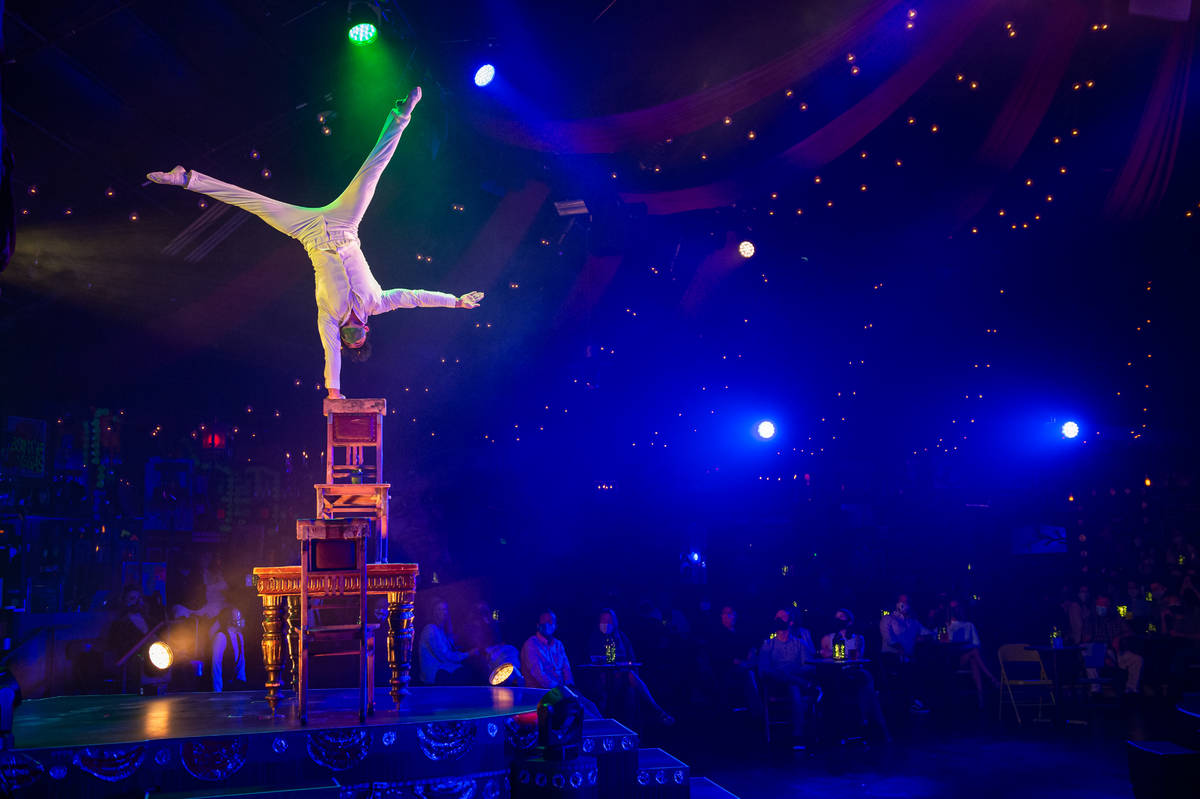 The chair-stacking scene is shown at the return of "Absinthe" at Caesars Palace on Wednesday, M ...