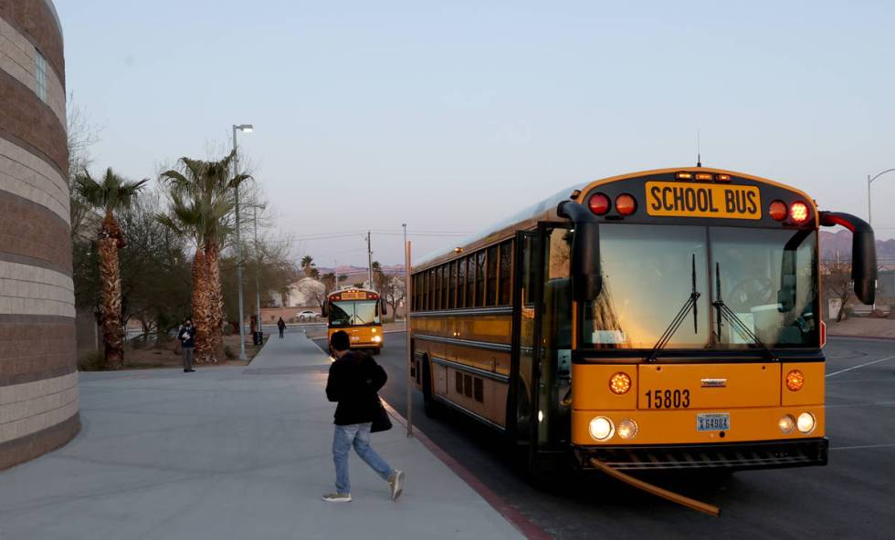 Students arrive for the first day of in-person education at Spring Valley High School in Las Ve ...
