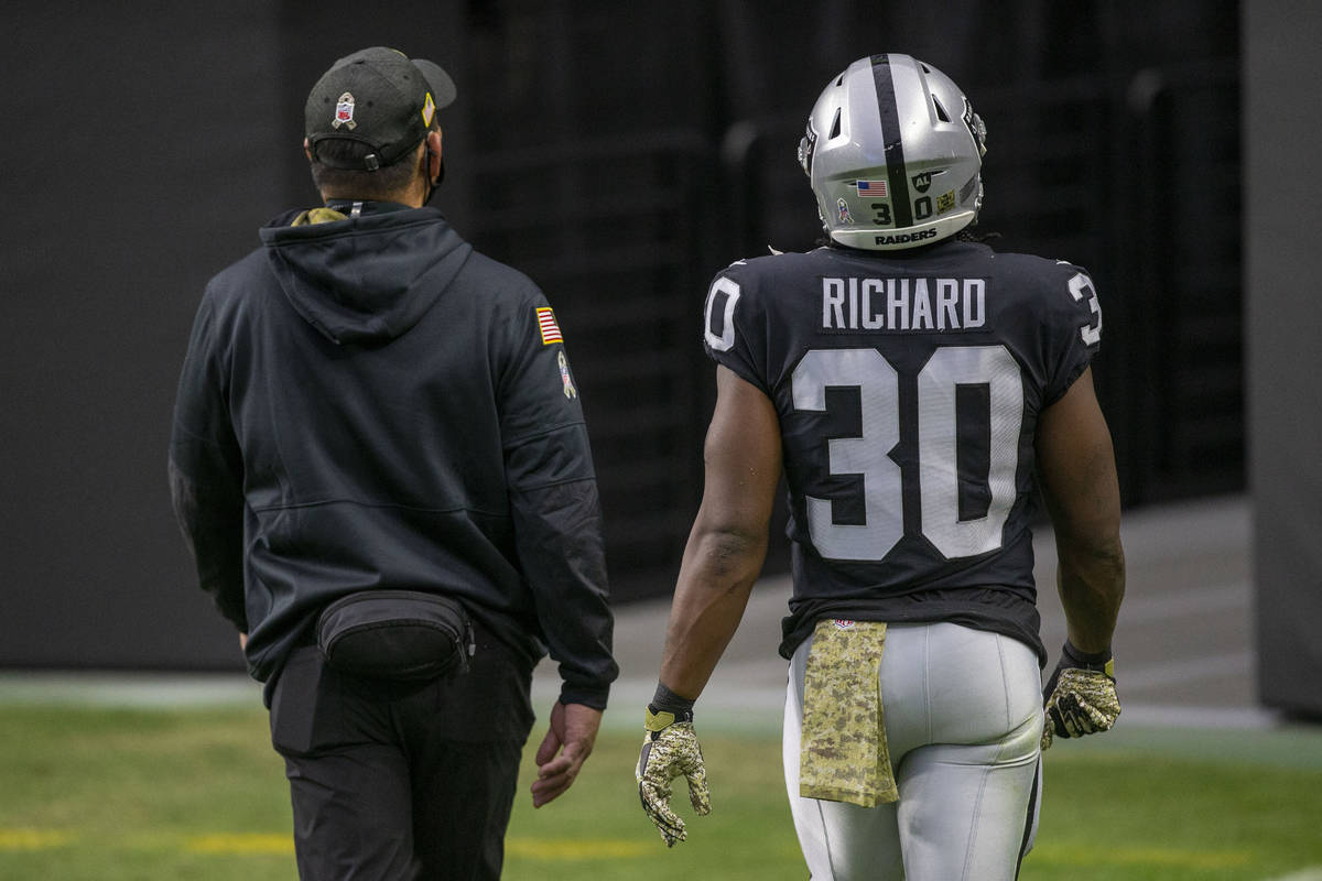 Las Vegas Raiders running back Jalen Richard (30) leaves the game after suffering an injury dur ...