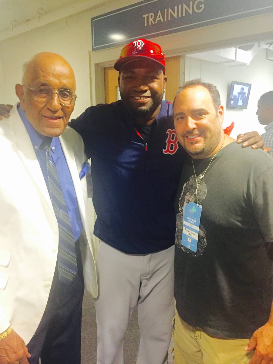 Chef Barry Dakake presents David "Big Papi" Ortiz of the Boston Red Sox are shown at Dodger Sta ...