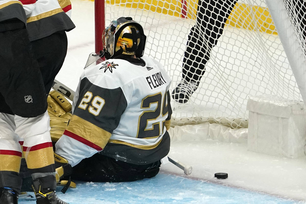 Vegas Golden Knights goaltender Marc-Andre Fleury is scored on by Los Angeles Kings defenseman ...