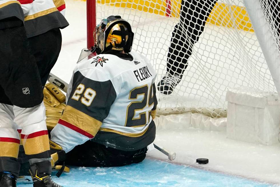 Vegas Golden Knights goaltender Marc-Andre Fleury is scored on by Los Angeles Kings defenseman ...