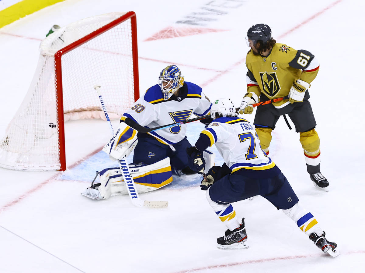 Golden Knights' right wing Mark Stone (61) scores his second goal of the third period of an NHL ...