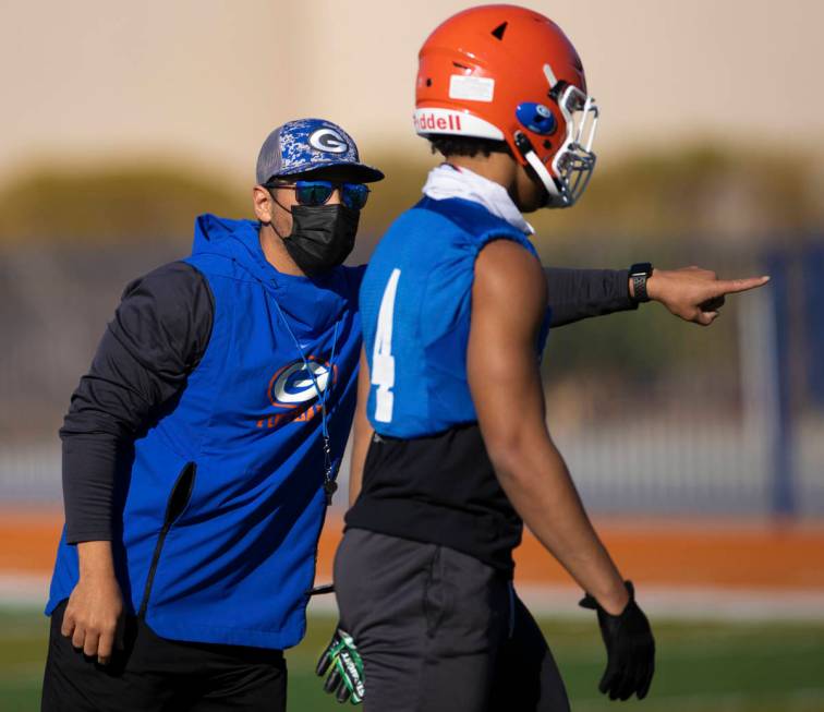 Bishop Gorman head football coach Brent Browner leads practice on Friday, Feb. 19, 2021, at Bis ...