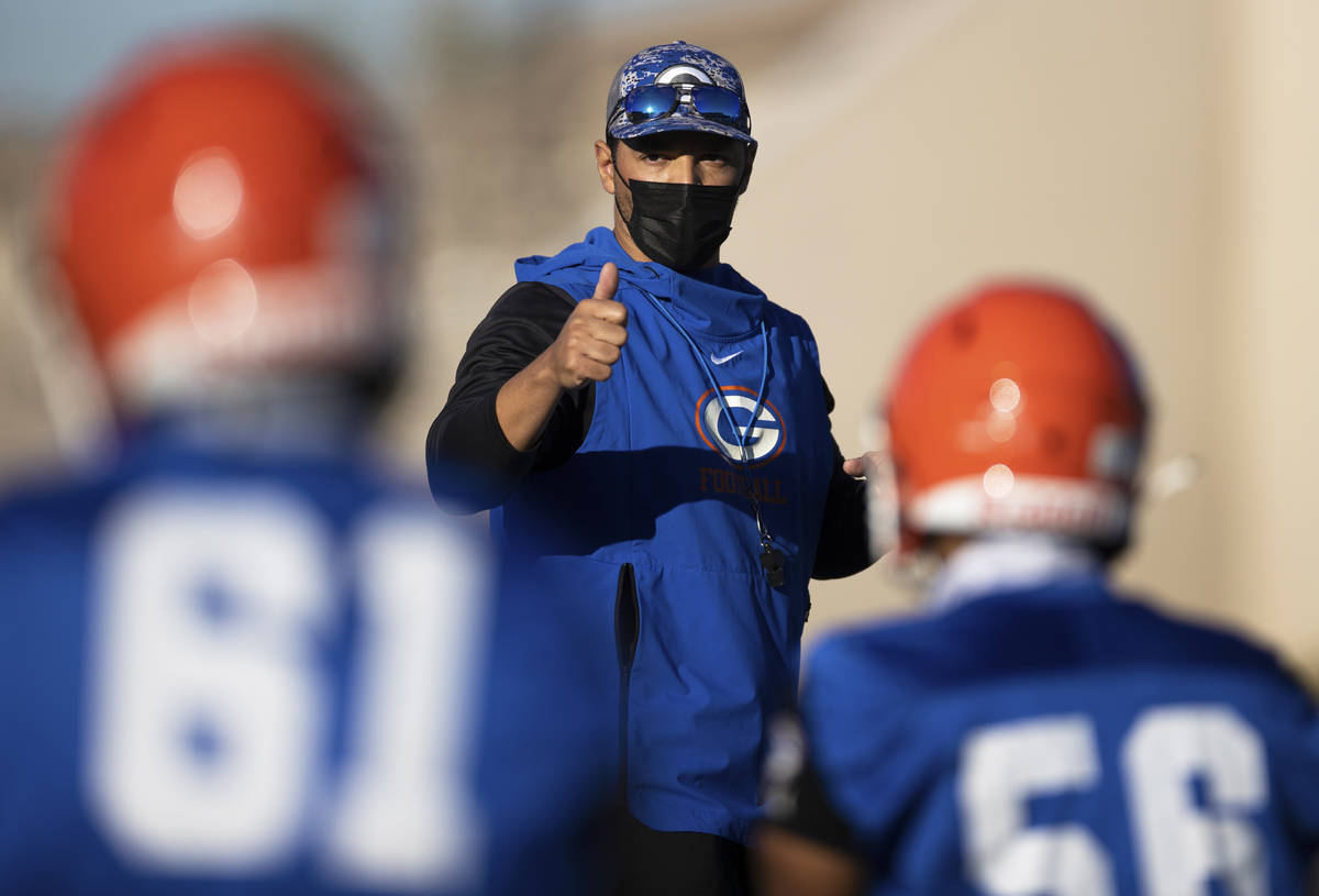 Bishop Gorman head football coach Brent Browner leads practice on Friday, Feb. 19, 2021, at Bis ...