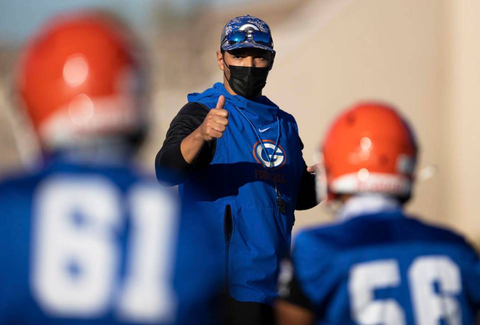 Bishop Gorman head football coach Brent Browner leads practice on Friday, Feb. 19, 2021, at Bis ...