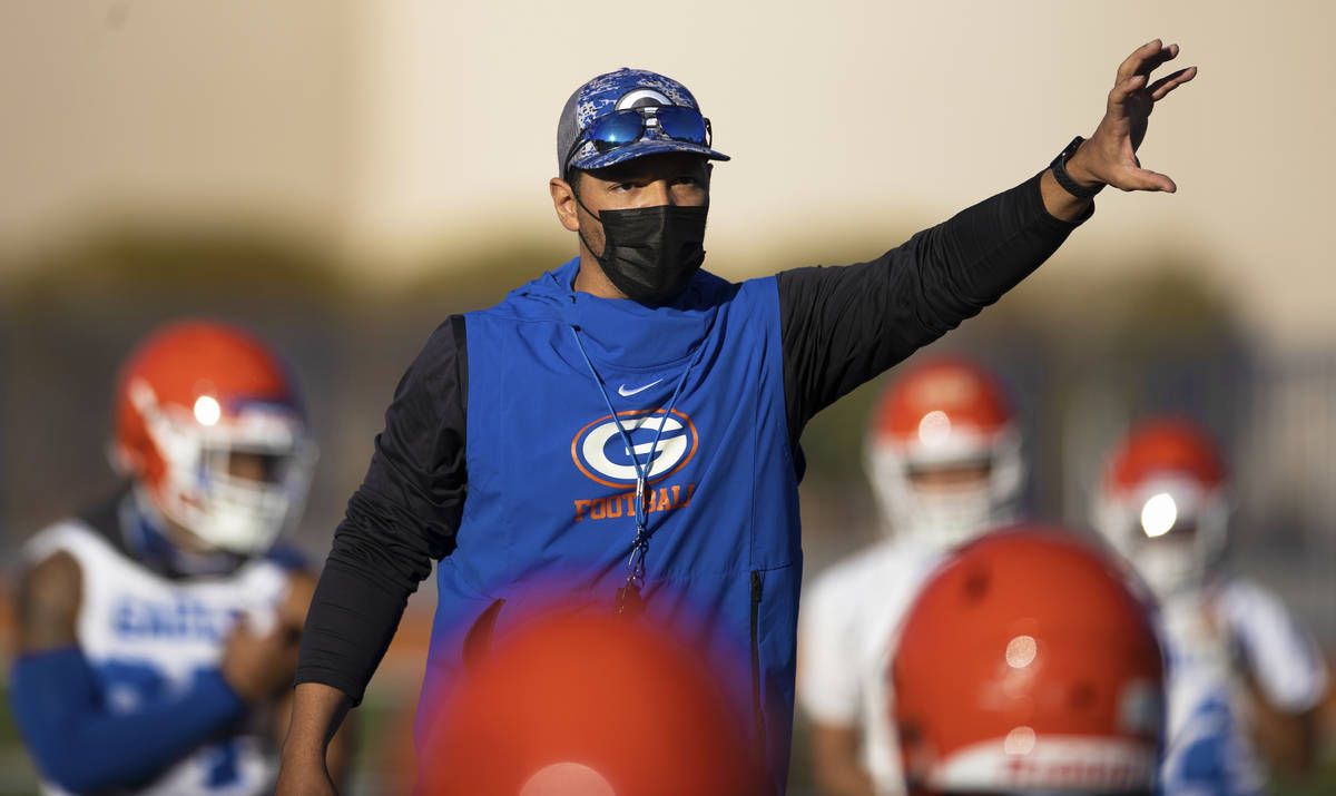 Bishop Gorman head football coach Brent Browner leads practice on Friday, Feb. 19, 2021, at Bis ...