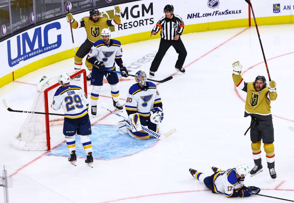 Golden Knights' Mark Stone (61) celebrates after scoring against St. Louis Blues goaltender Jor ...