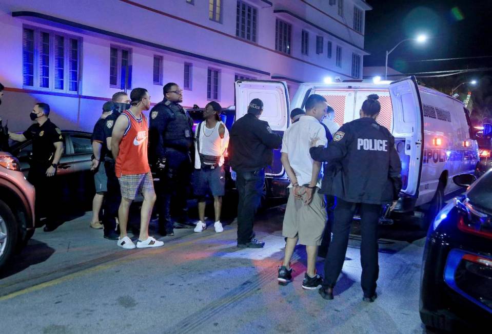 City of Miami Beach Police officers arrest several males on Ocean Drive and 10th Street as spri ...
