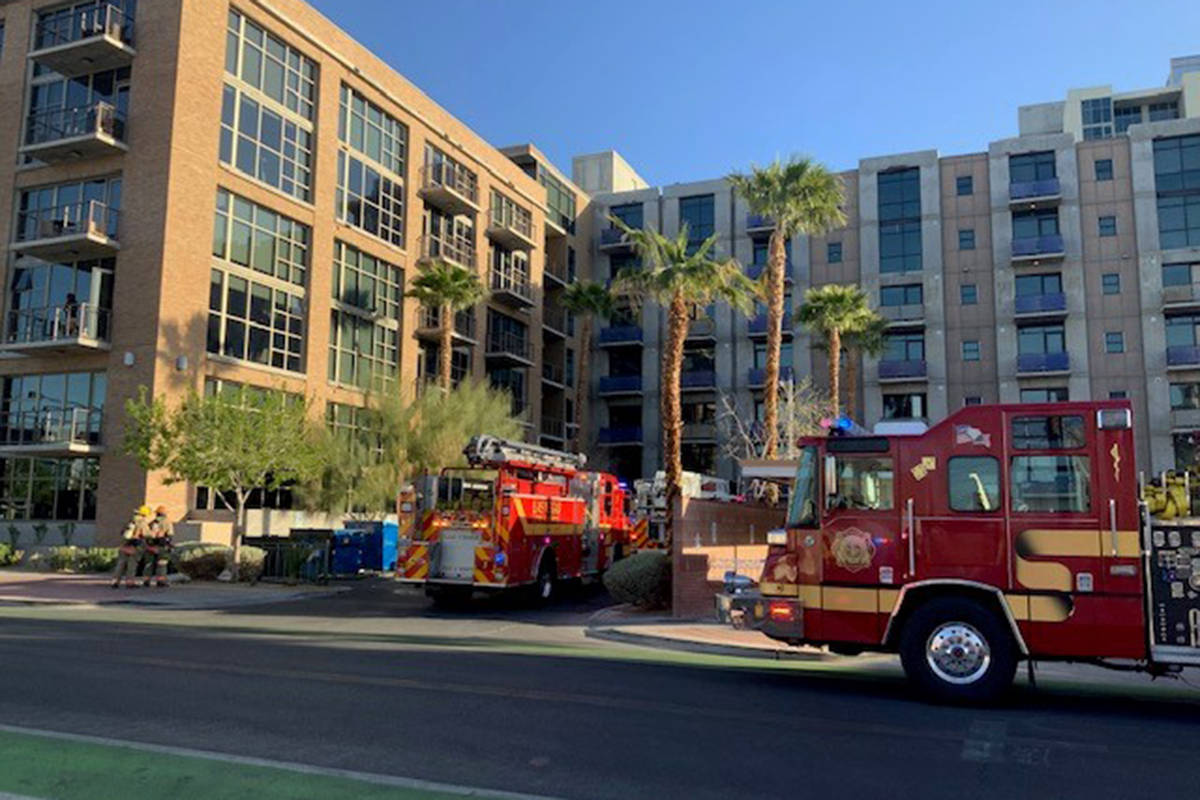 Crews battle a second-floor apartment fire Monday, March 22, 2021, at Juhl, 353 E. Bonneville A ...