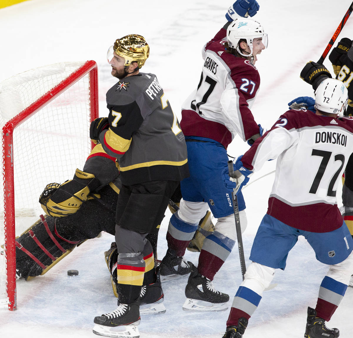 Colorado Avalanche team members celebrates after Colorado Avalanche defenseman Erik Johnson (6) ...