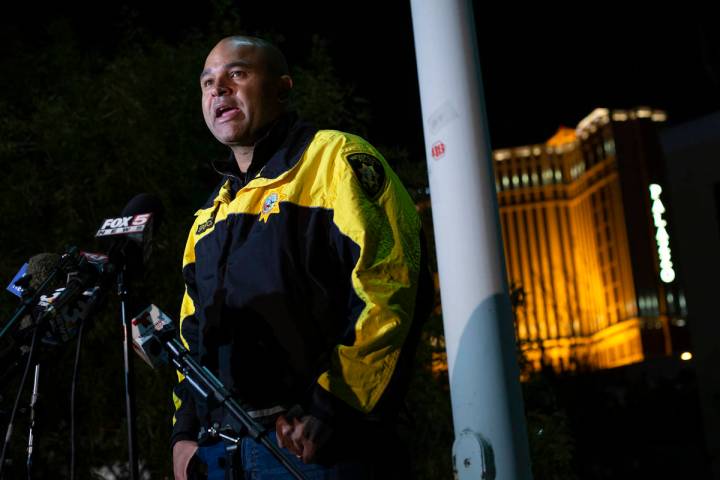 Homicide Lt. Ray Spencer gives a briefing to news media about a homicide at the Wynn employee p ...
