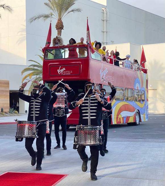 Drummers and dancers arrive for the opening of Virgin Hotels Las Vegas on Thursday, March 25, 2 ...