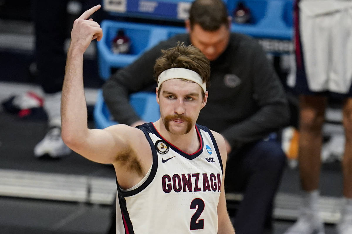 Gonzaga forward Drew Timme (2) celebrates in the second half of a second-round game iagainst Ok ...